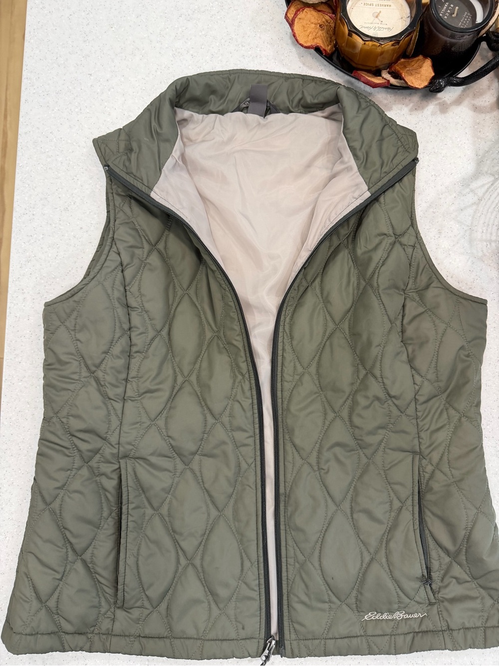 Eddie Bauer Quilted Olive Vest with Contrast Lining